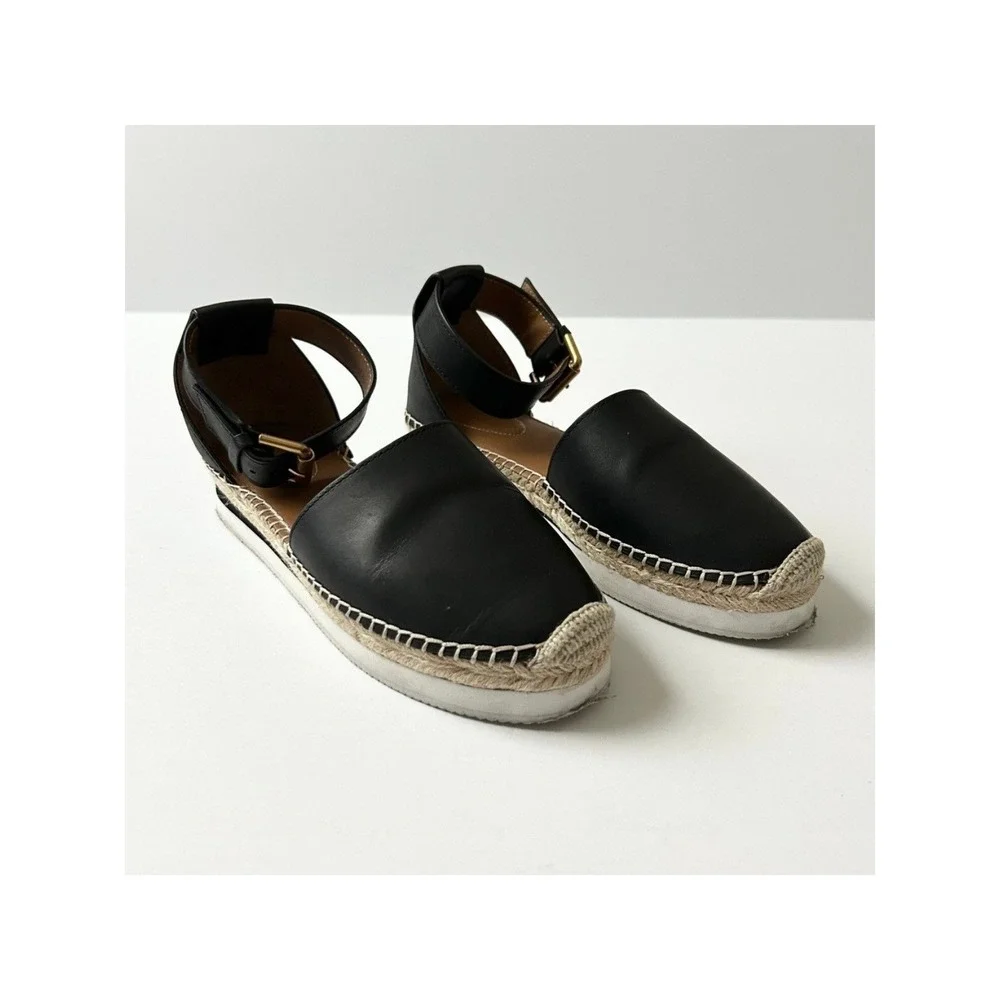 See By Chloe Glyn Black Leather Ankle Strap Espadrille Sandals EU 37 US 7